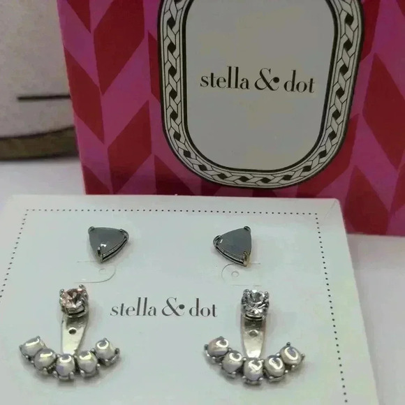NWT Stella And Dot Bluish Crescent Ear Jacket Earrings 4 In 1 Triangular Stud - Picture 1 of 5